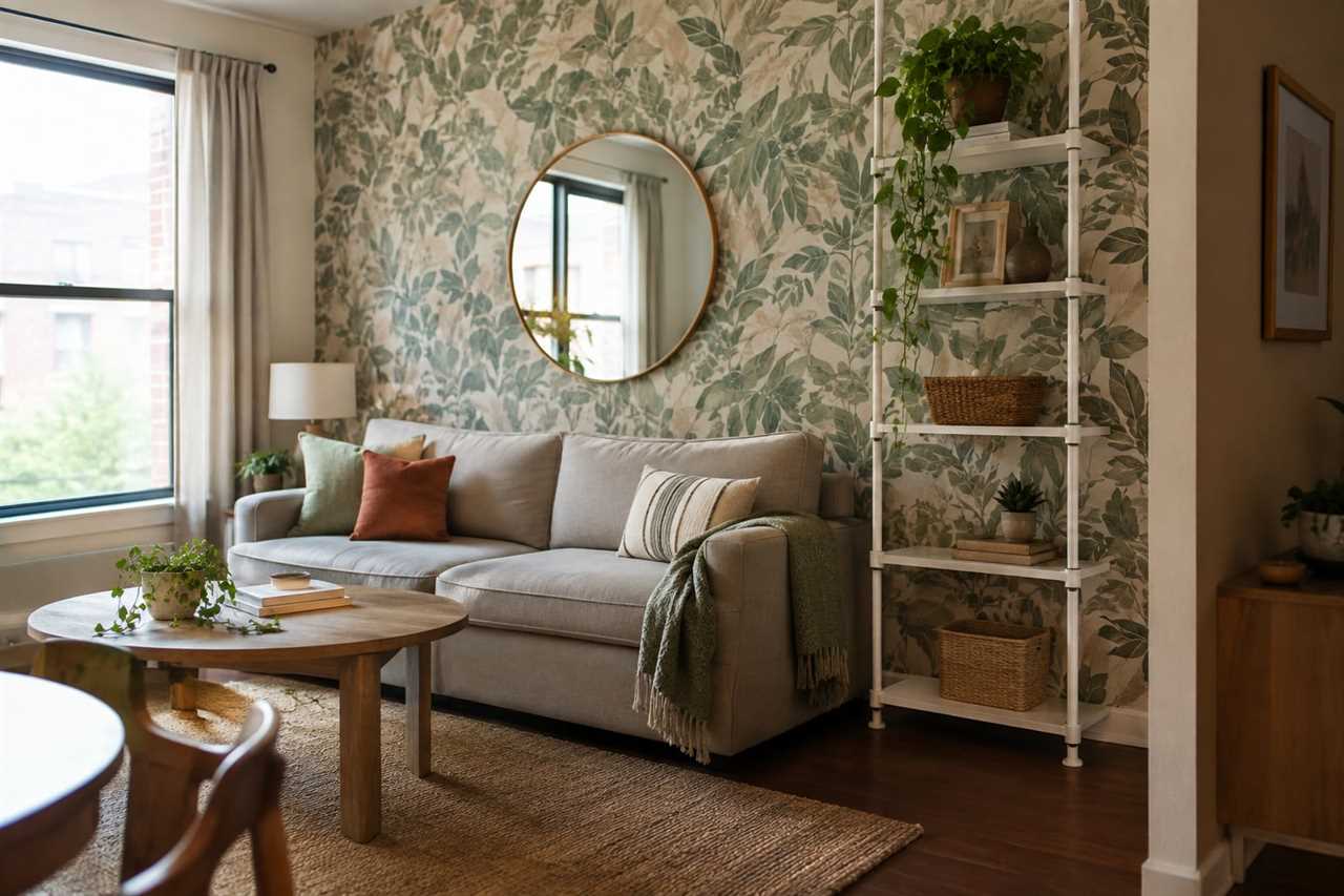 Renter-friendly decor: removable wallpaper and no-drill shelving