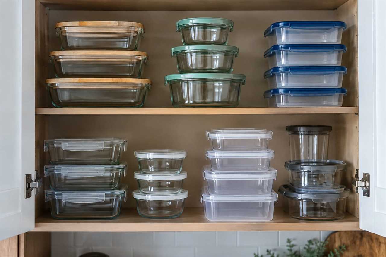 Stacked food storage containers organized in a cabinet.