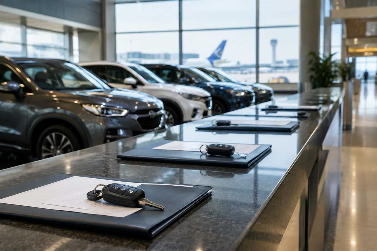 Rental car counter with vehicles ready for pickup
