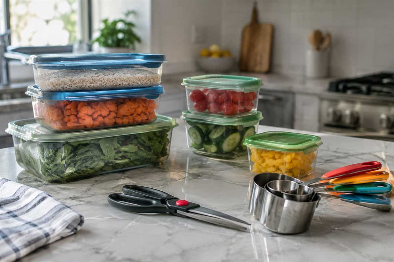 Basic meal prep tools laid out on a counter