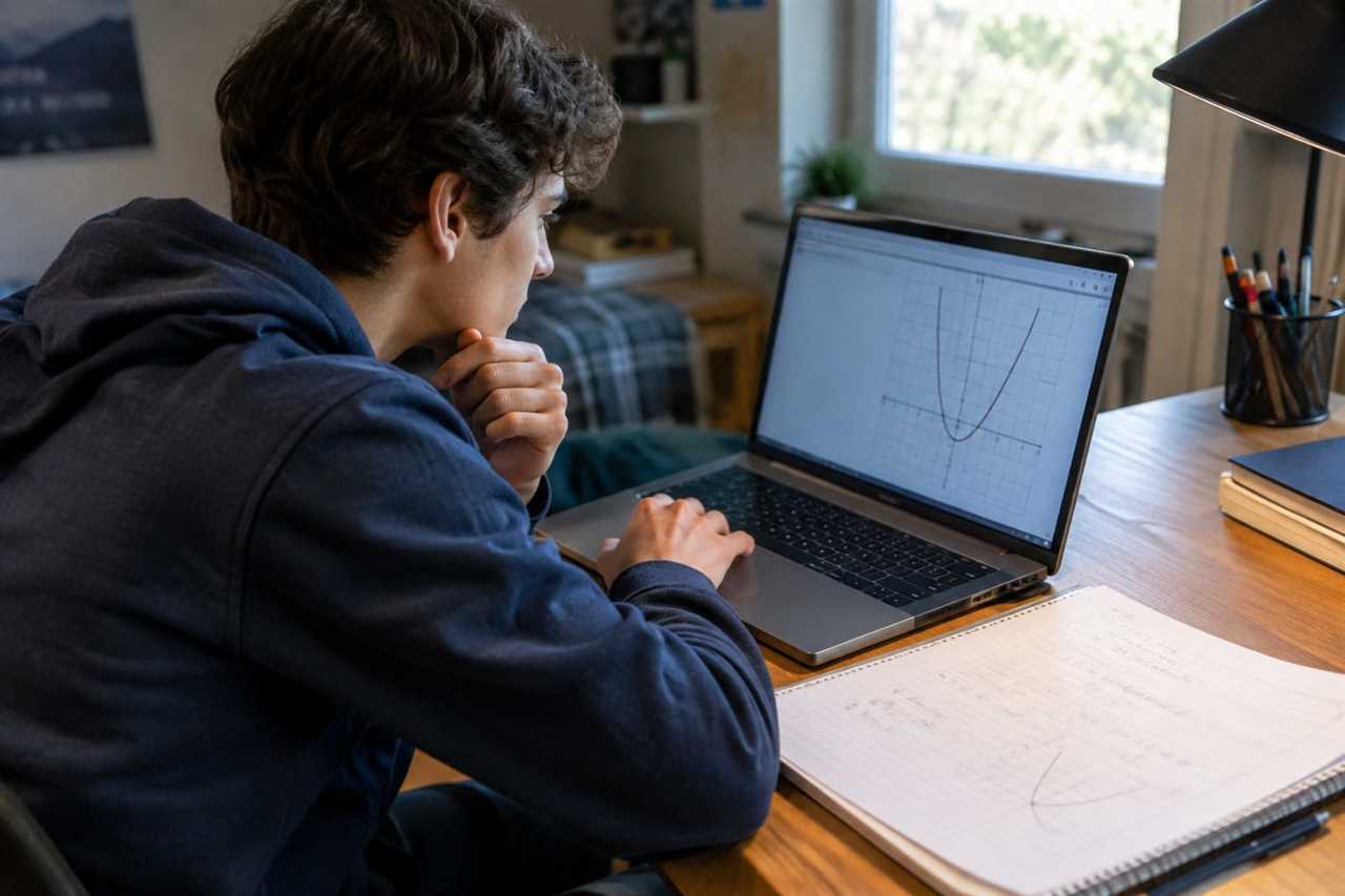 Teen studying with a laptop and handwritten notes
