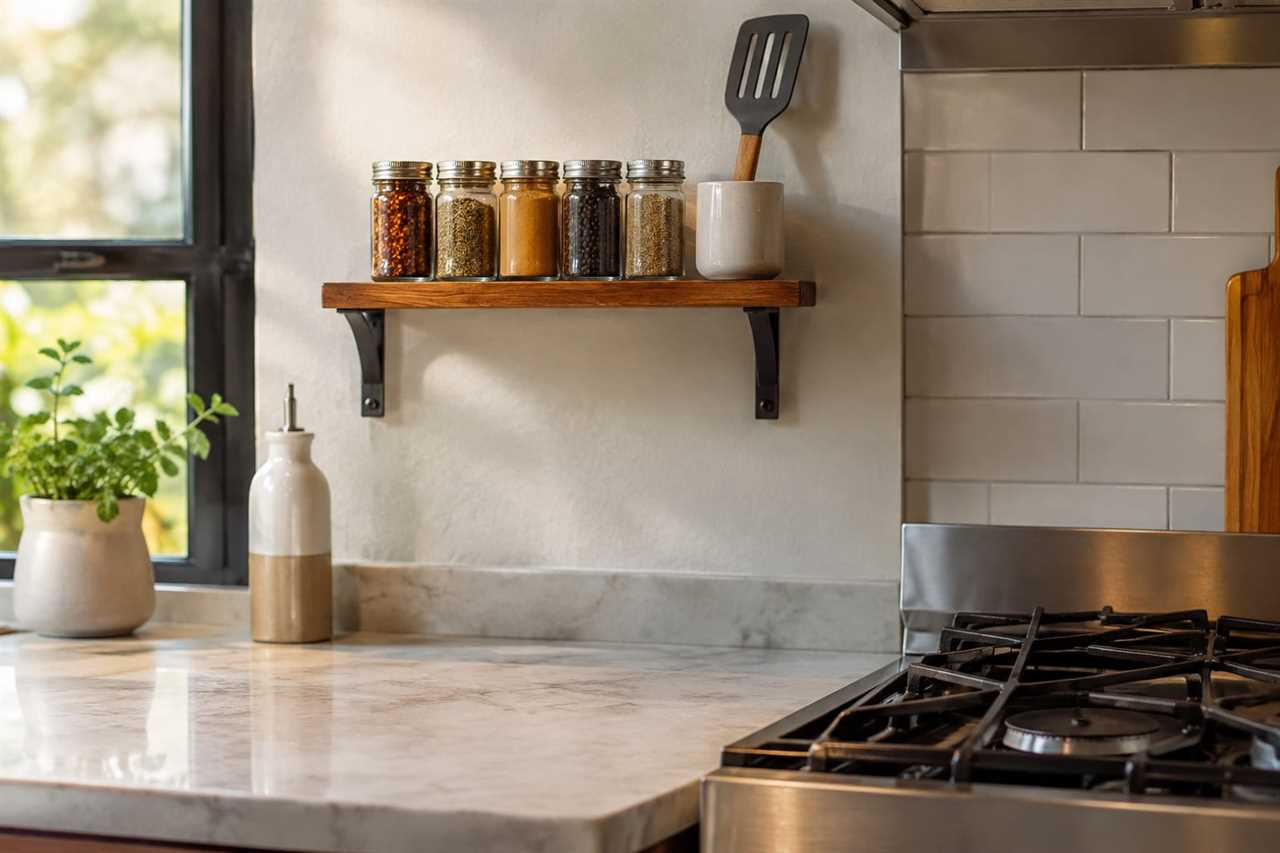 Stove-top shelf holding spices above clear counter