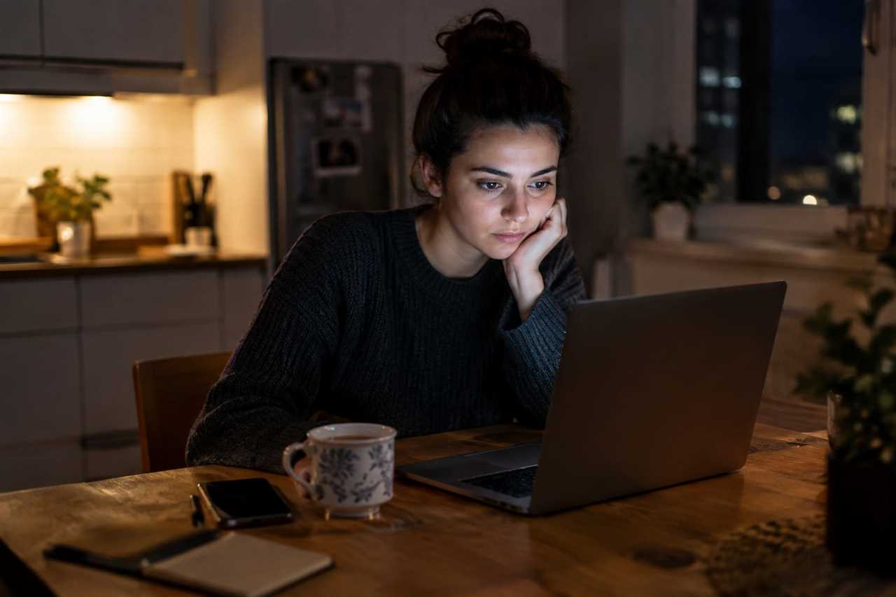 Late-night laptop work at a kitchen table