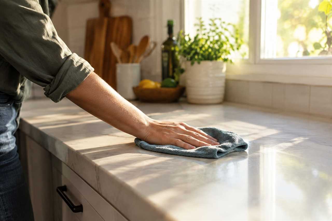 Wiping kitchen counters during a weekend clean