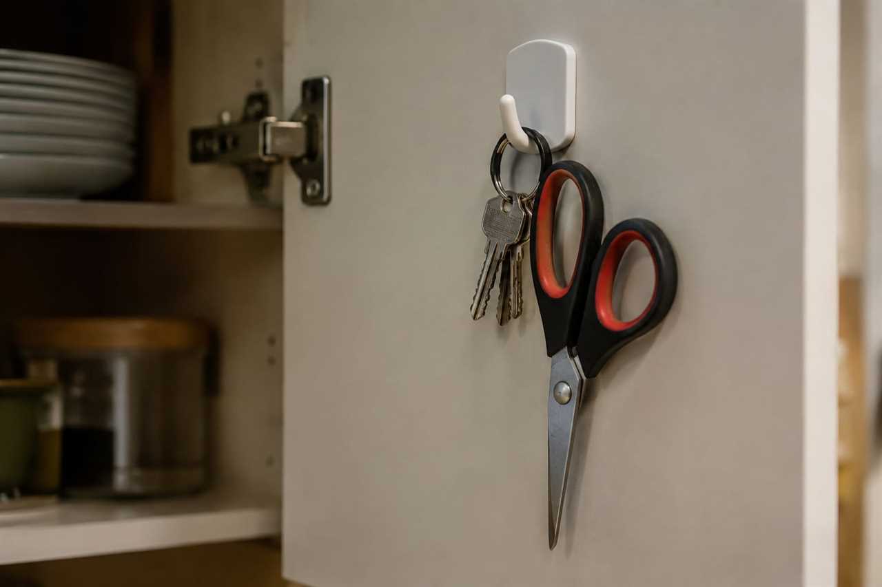 Adhesive hook organizing keys inside cabinet door