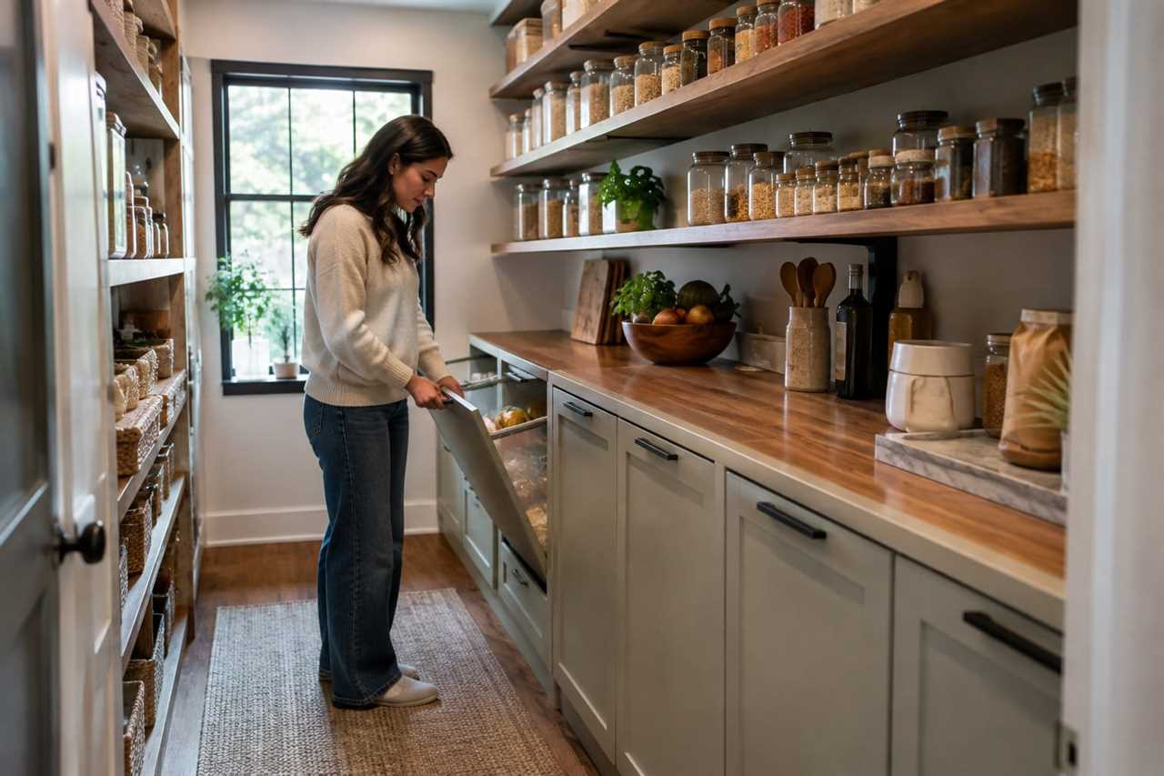 Slim cabinets and open shelving maximize a tight pantry