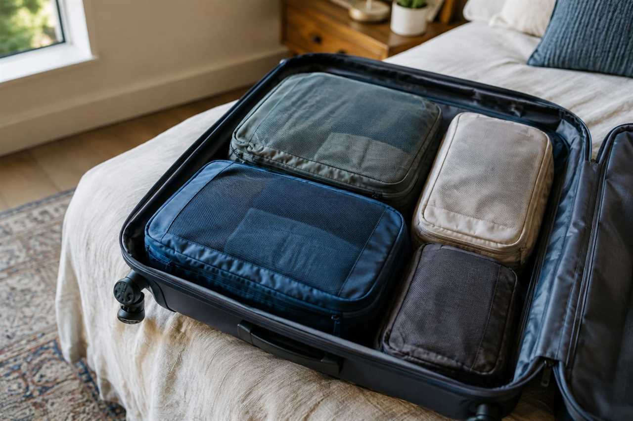 Compressed packing cubes organized neatly inside a suitcase