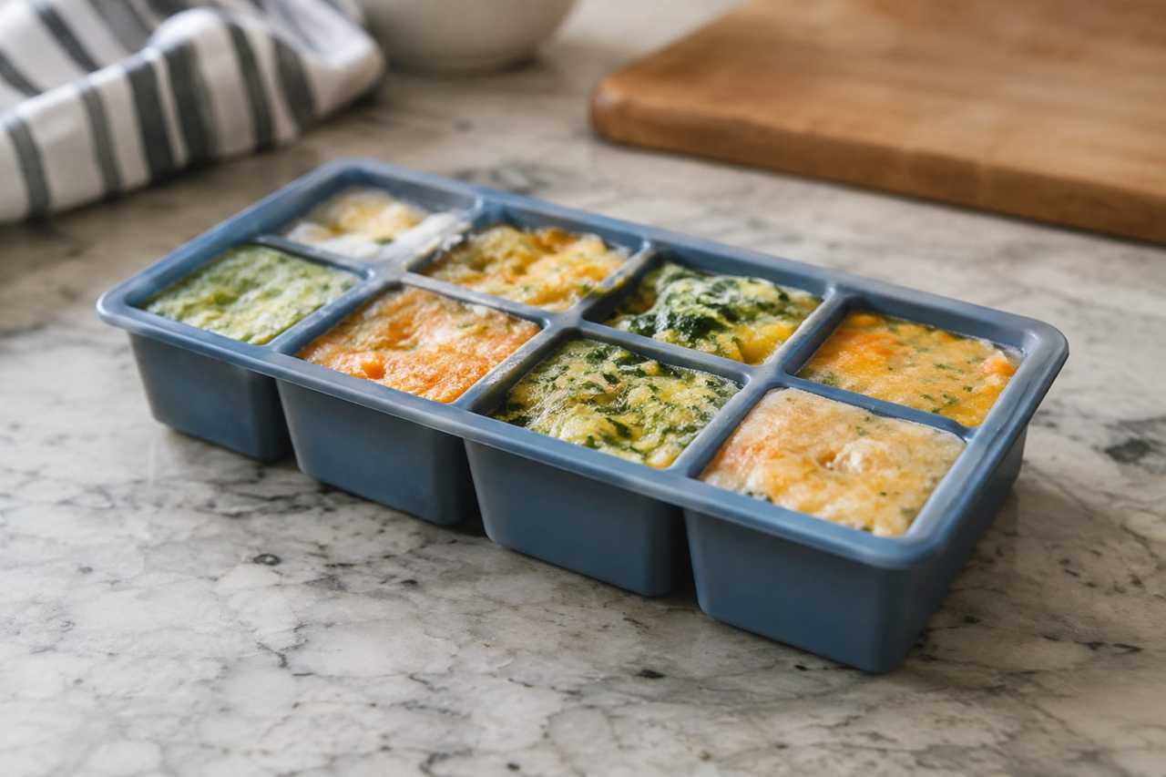 Silicone freezer tray with portioned food blocks