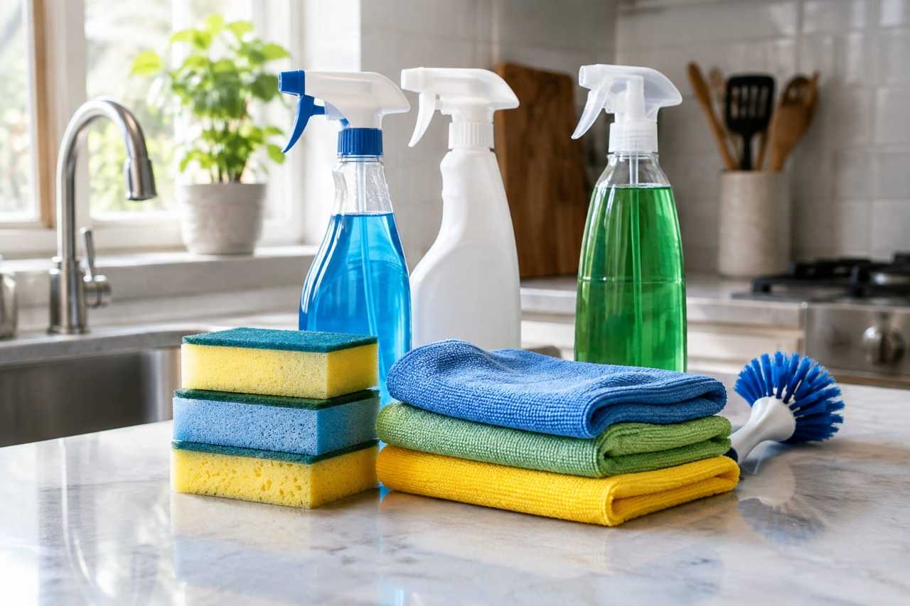 Assorted cleaning tools arranged on a kitchen counter