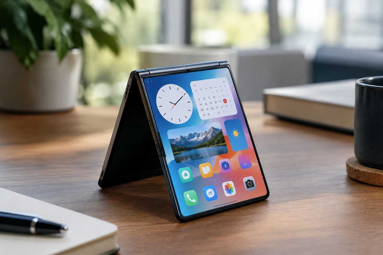 Foldable phone propped up showing widget screen